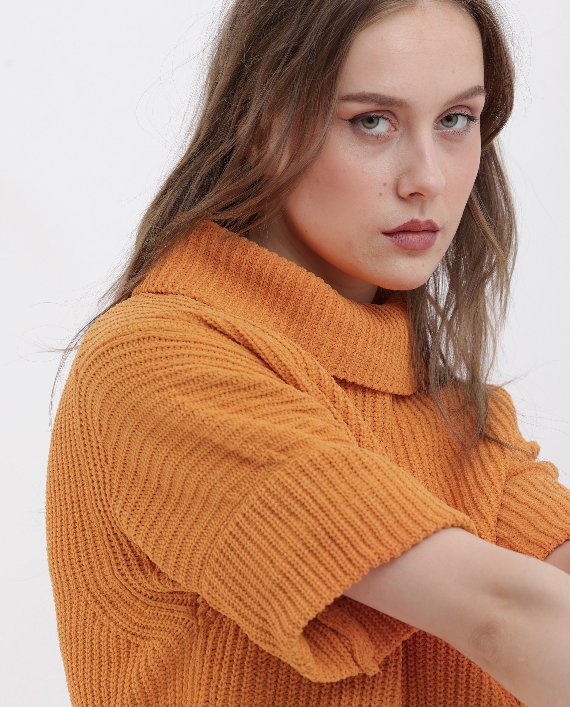Rareism Women's Daffy 1 Orange Polyester Blend High Neck Plain Relaxed Fit Sweater