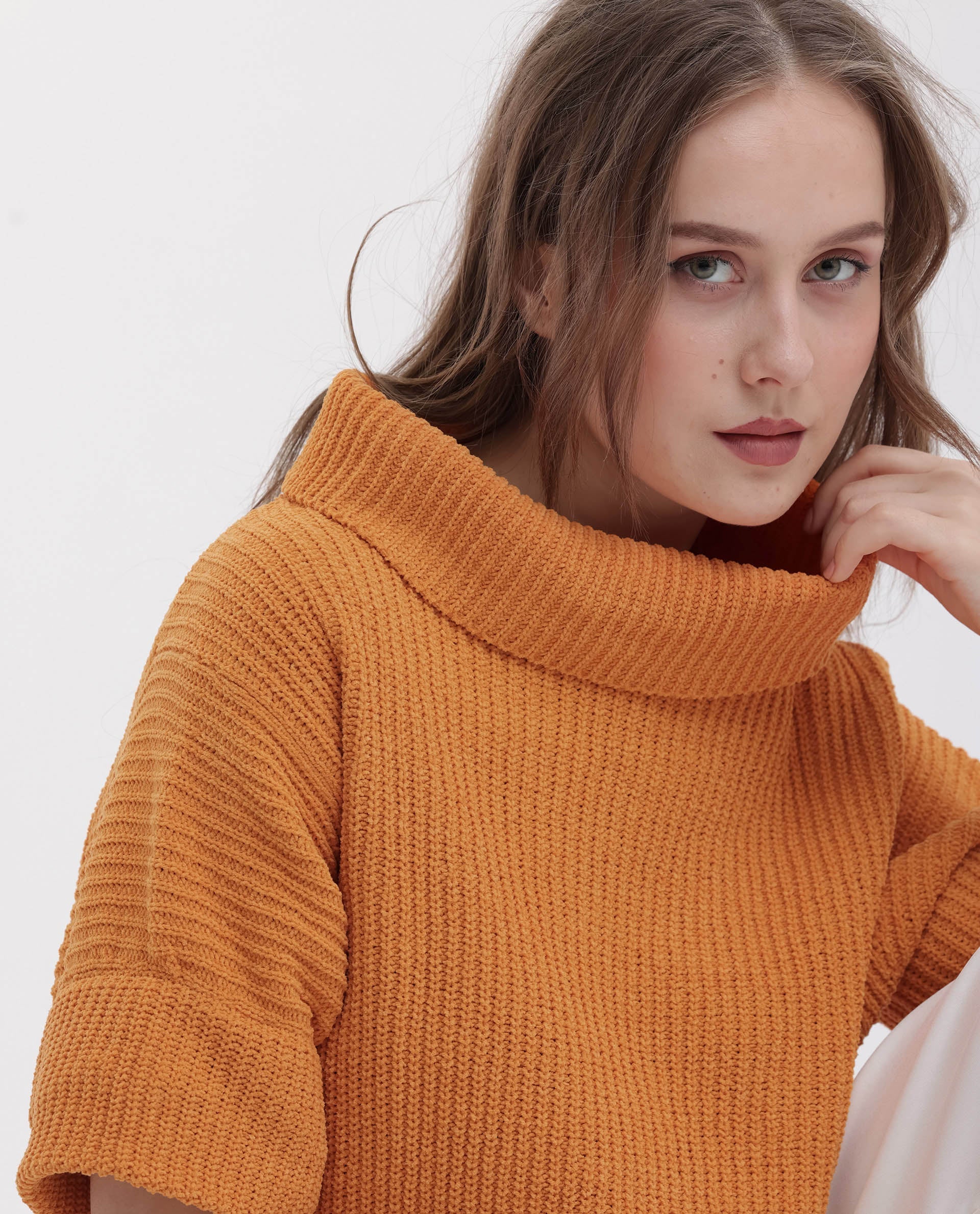 Rareism Women's Daffy 1 Orange Polyester Blend High Neck Plain Relaxed Fit Sweater