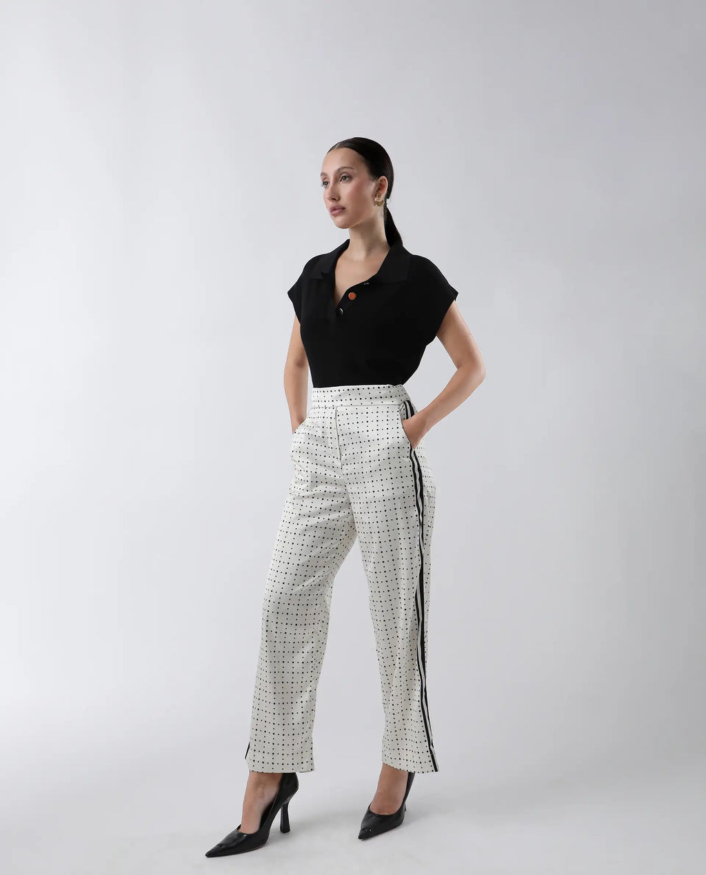 Rareism Women's Dales Beige Polyester Polka Print Ankle Length Tailored Trouser