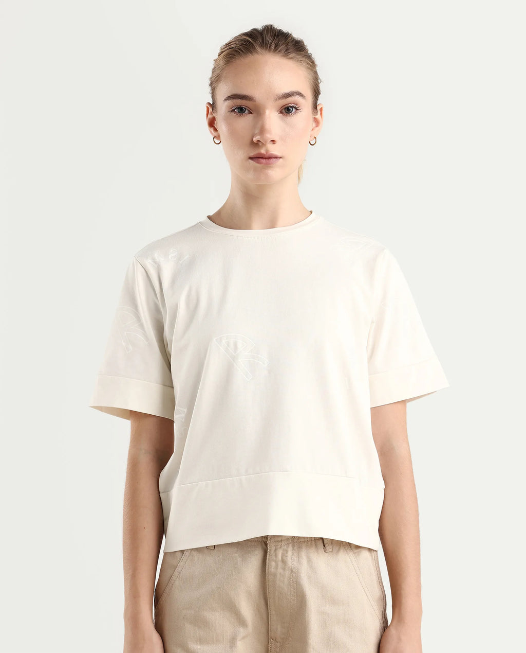 Rareism Women's Dandi Off White Cotton Blend Crew Neck Graphic Print Regular Fit T-Shirt