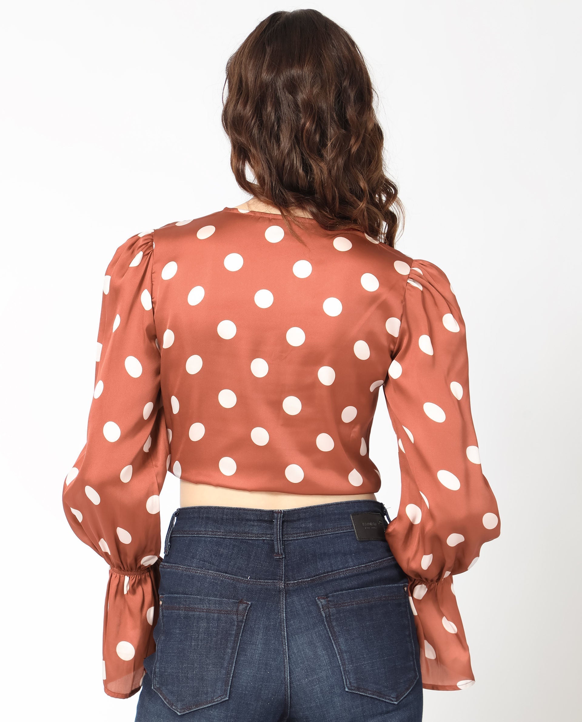 Rareism Women's Darty Brown Polyester V-Neck Polka Print Balloon Sleeve Crop Regular Fit Top
