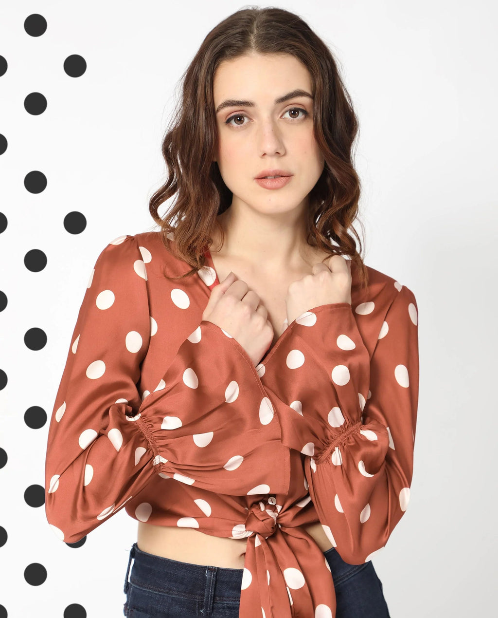 Rareism Women's Darty Brown Polyester V-Neck Polka Print Balloon Sleeve Crop Regular Fit Top