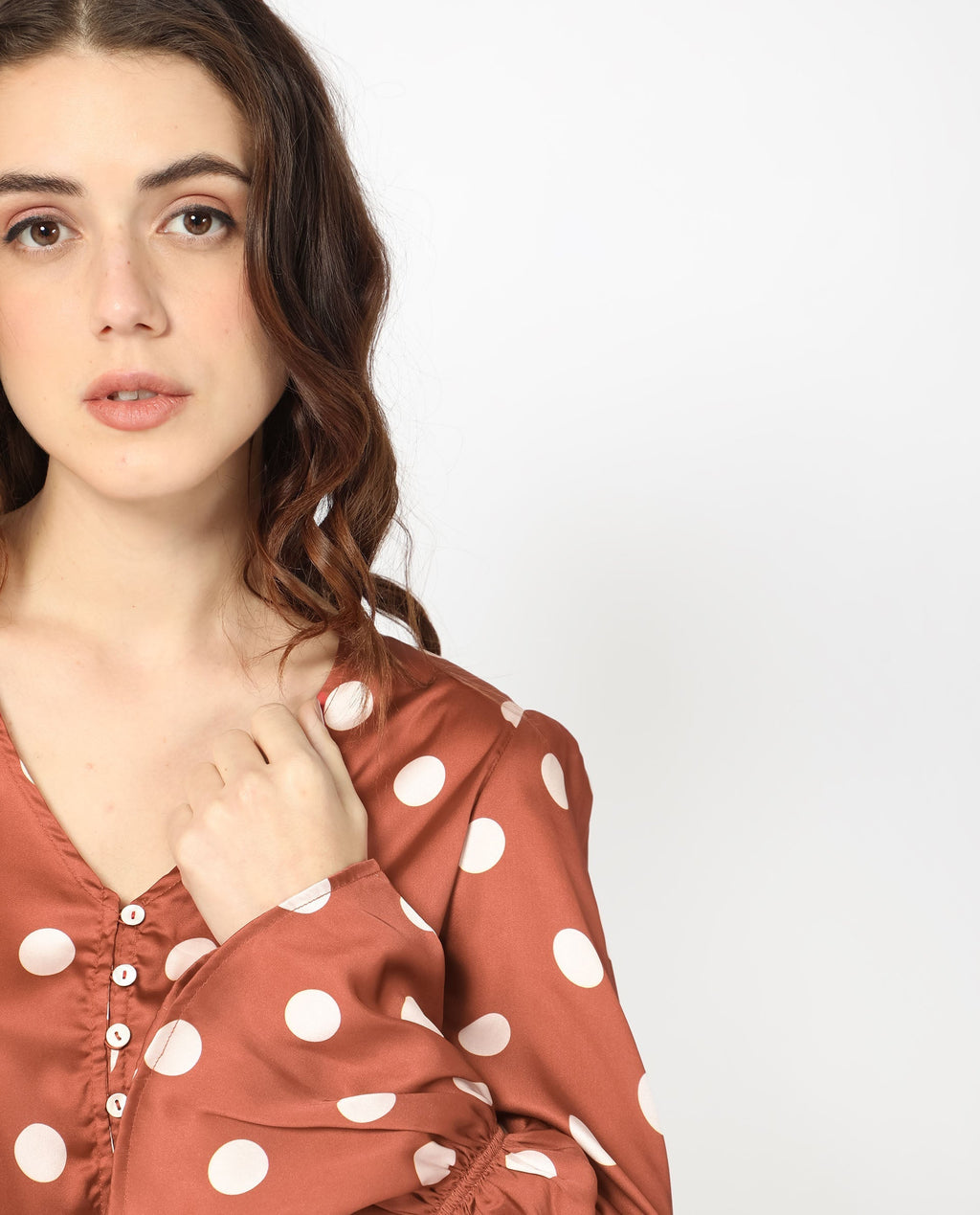 Rareism Women's Darty Brown Polyester V-Neck Polka Print Balloon Sleeve Crop Regular Fit Top