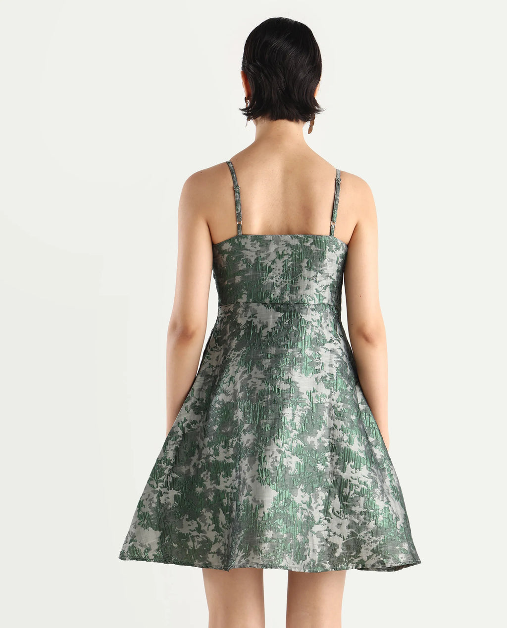 Rareism Women's Davao Metallic Green Viscose Shoulder Strap Jacquard Sleeveless Knee Length Fit And Flare Dress
