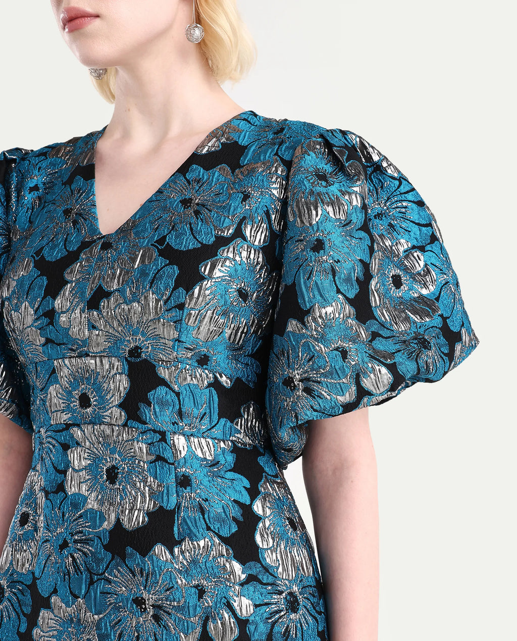 Rareism Women's Daveth Metalic Blue V-Neck Floral Print Puff Sleeves Knee Length Regular Fit Dress