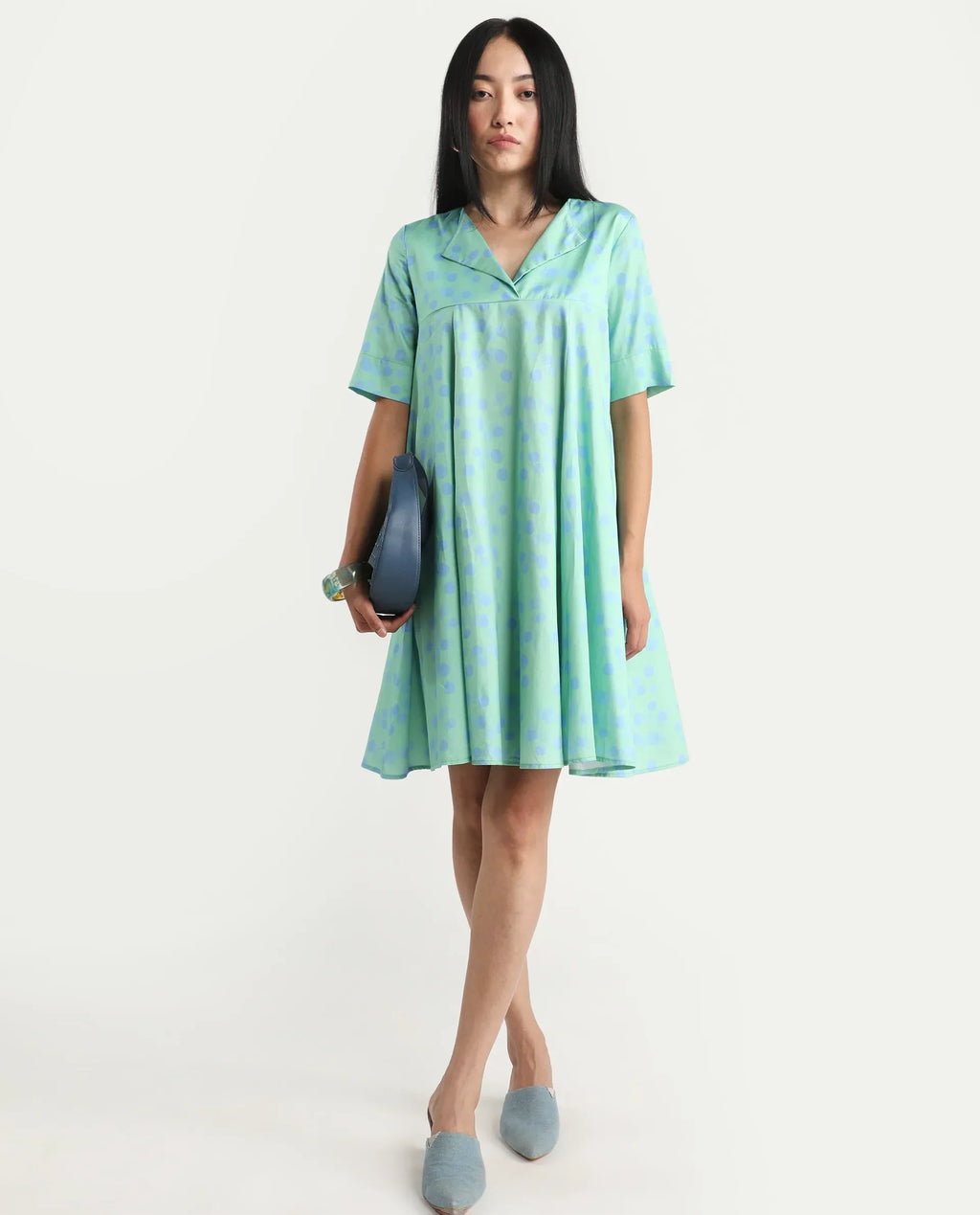 Rareism Women's Davidson Dusky Green Cotton Overlap Neck Polka Print Mini Flared Dress