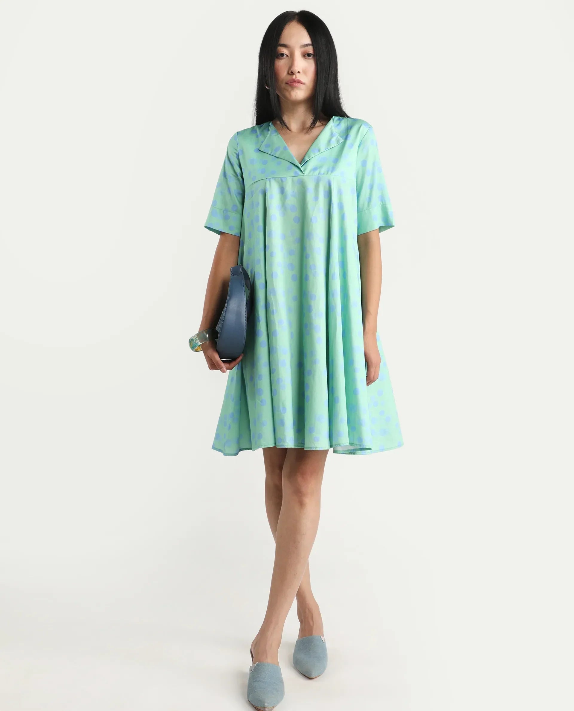 Rareism Women's Davidson Dusky Green Cotton Overlap Neck Polka Print Mini Flared Dress