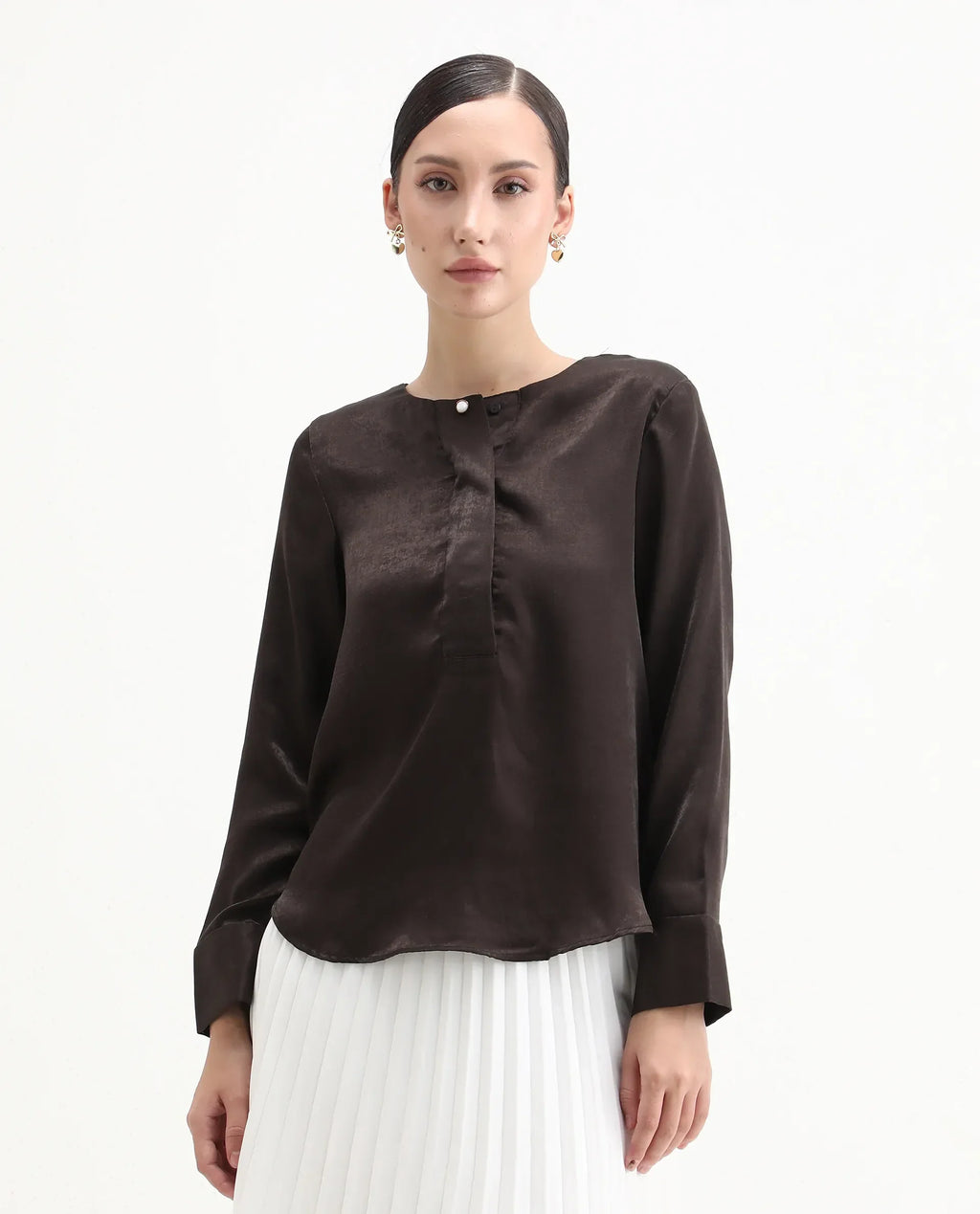 Rareism Women's Daxzo Brown Velvet Crew Neck Plain Relaxed Fit Top