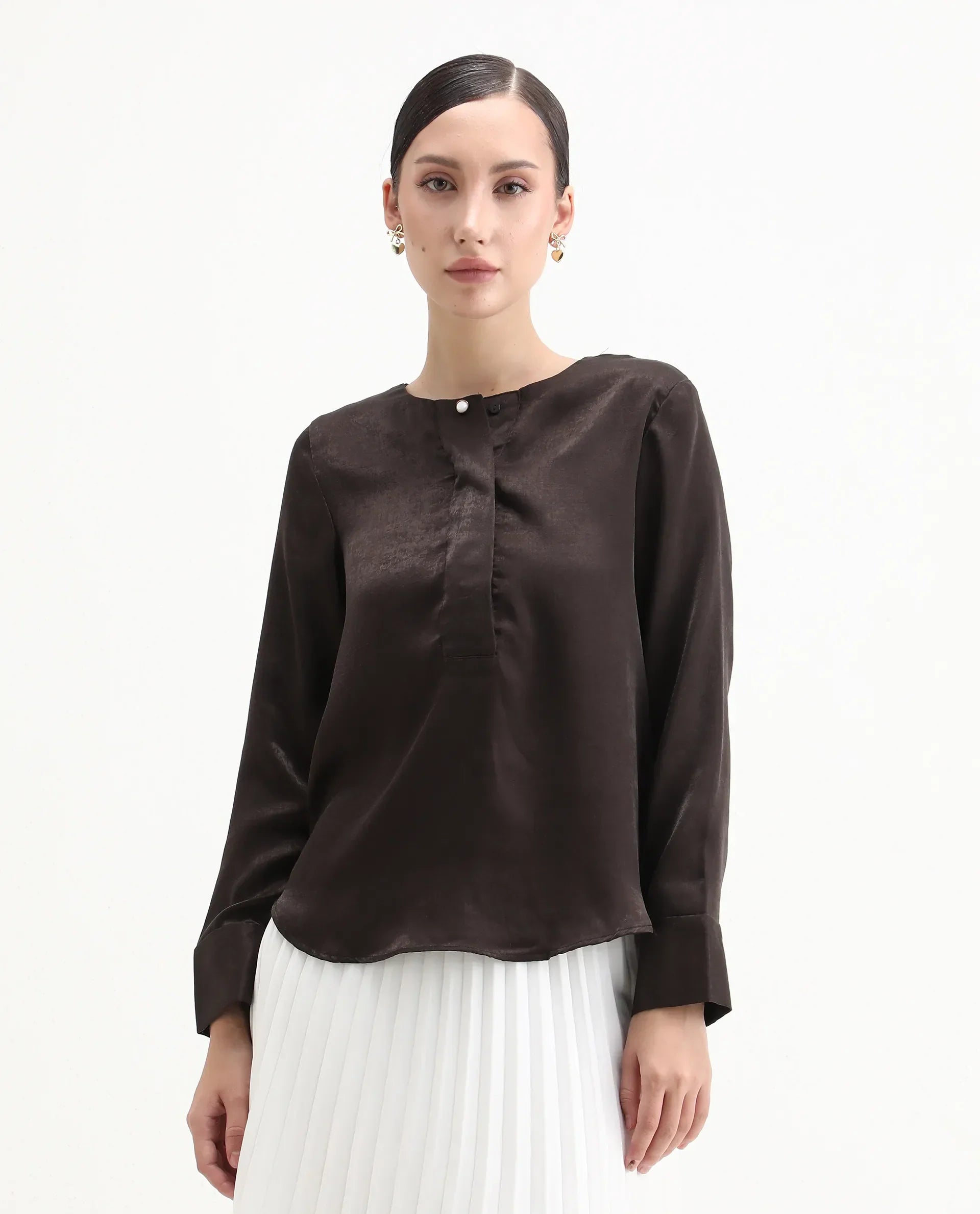 Rareism Women's Daxzo Brown Velvet Crew Neck Plain Relaxed Fit Top