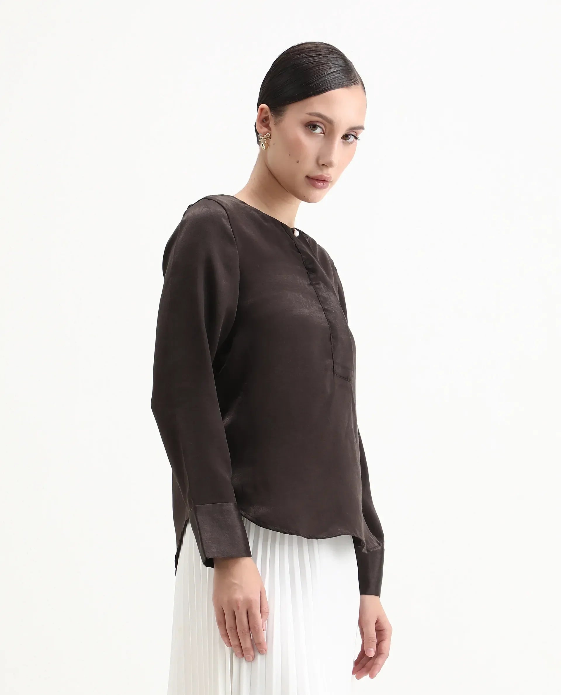 Rareism Women's Daxzo Brown Velvet Crew Neck Plain Relaxed Fit Top