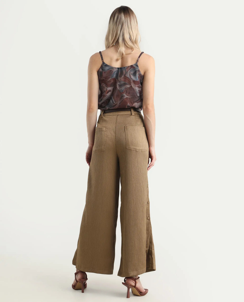 Rareism Women's Dayna Light Brown Polyester Plain Ankle Length Wide Trouser