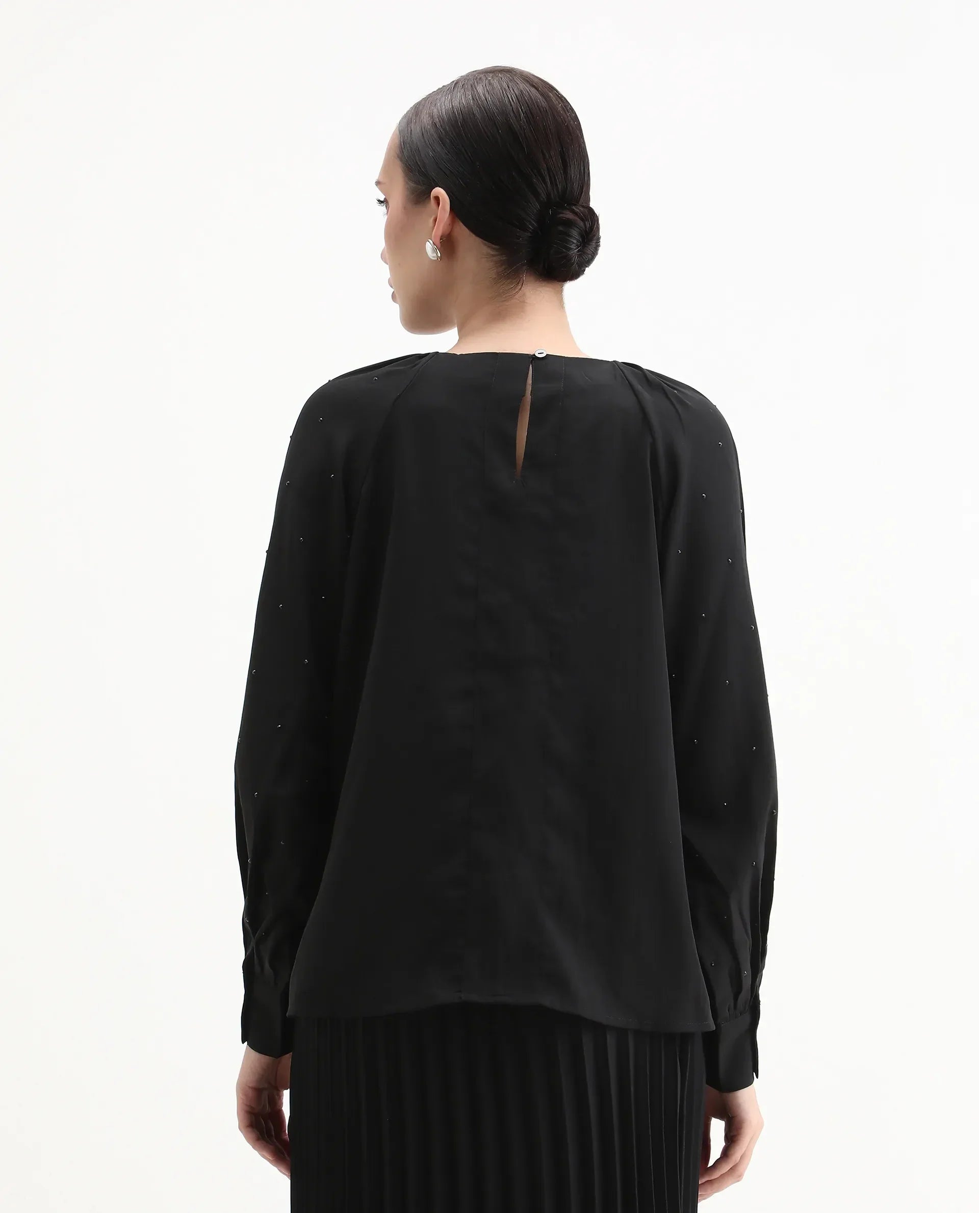 Rareism Women's Debie Black Satin High Neck Plain Cuffed Sleeve Boxy Fit Top