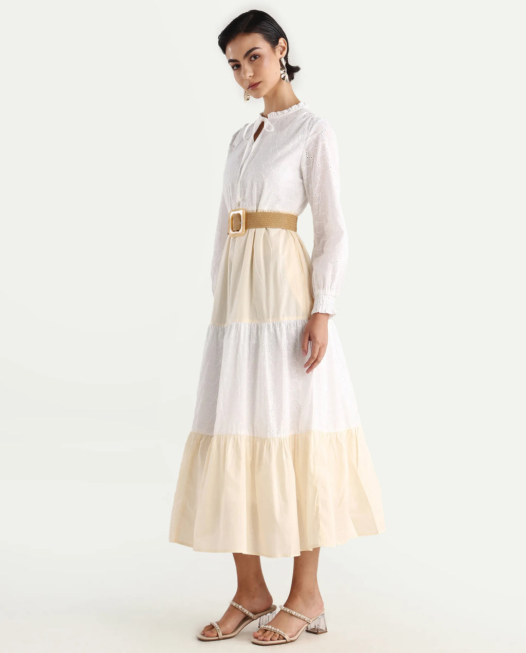 Rareism Women's Deccan Beige Cotton Sweetheart Neck Plain Bishop Sleeve Maxi Tiered Dress