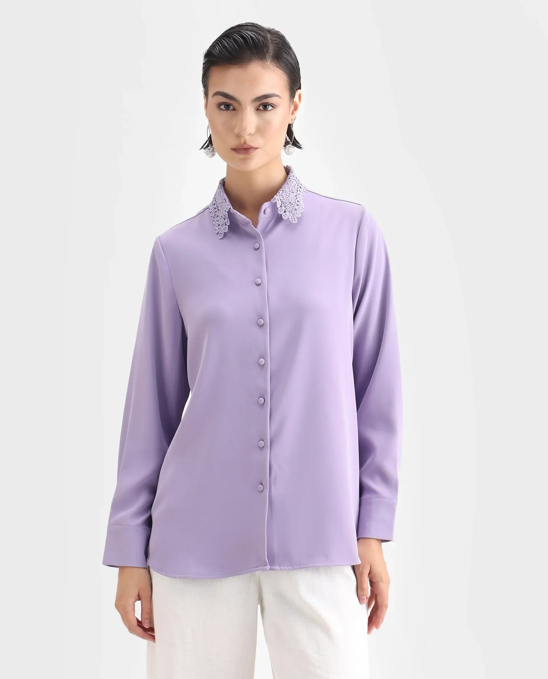 Rareism Women's Dejon Dusky Lavender Polyester Spread Collar Plain Cuffed Sleeve Regular Fit Shirt