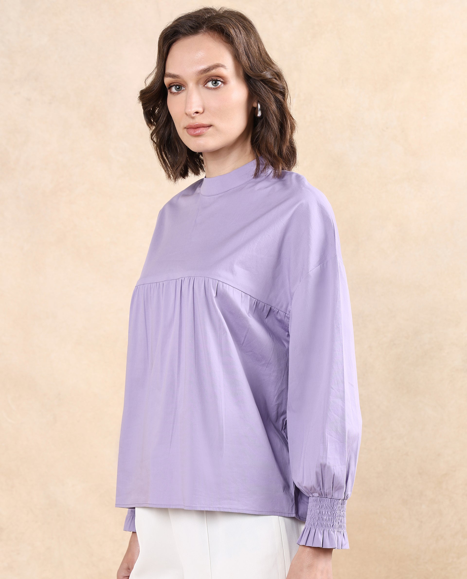Rareism Women's Delpo Dusky Purple Cotton Blend High Neck Plain Bishop Sleeve Relaxed Fit Top