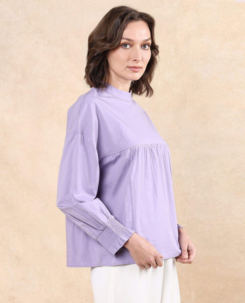 Rareism Women's Delpo Dusky Purple Cotton Blend High Neck Plain Bishop Sleeve Relaxed Fit Top