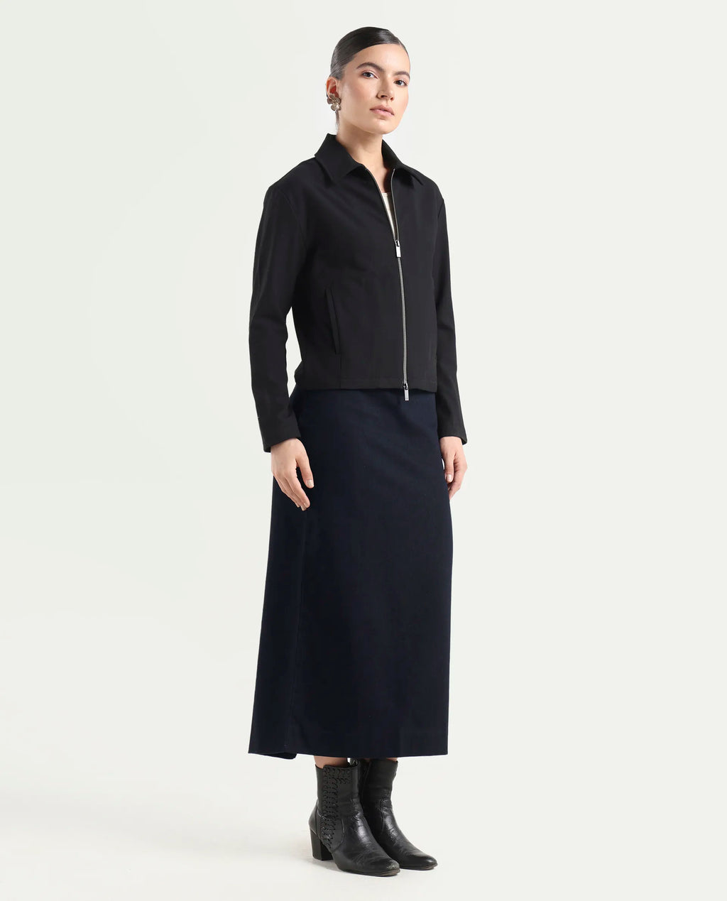 Rareism Women's Denis Dark Blue Cotton A-Line Plain Skirt