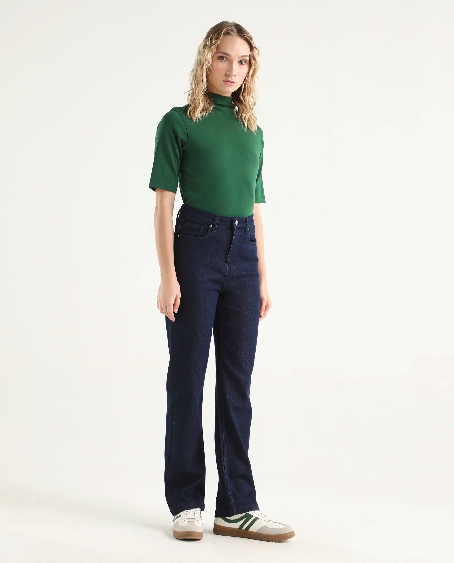 Rareism Women's Denvy Blue Cotton Blend Straight Plain Jeans