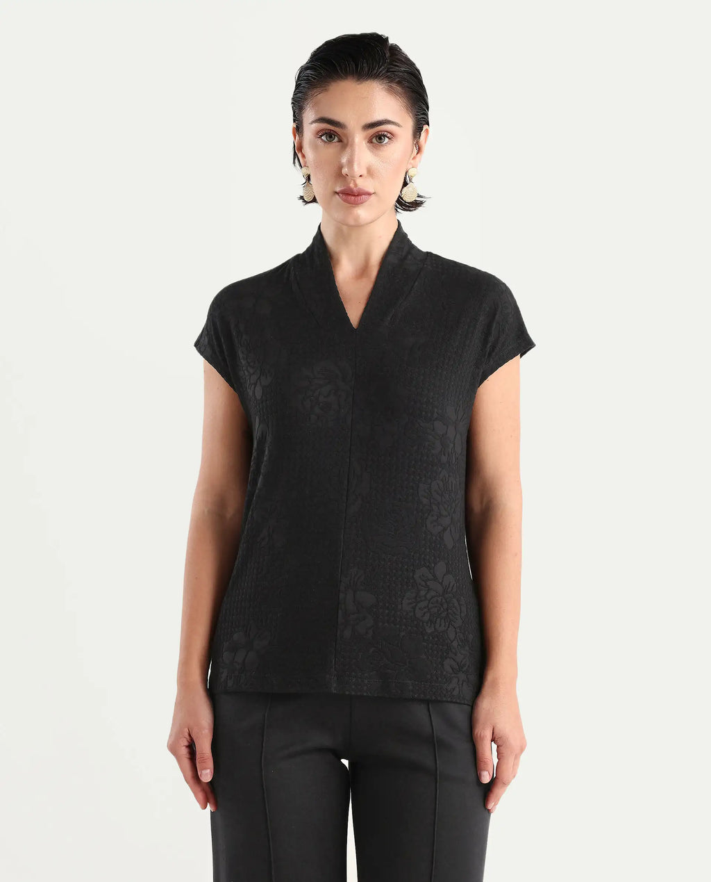 Rareism Women's Deone Black Polyester Blend V-Neck Plain Extended Sleeves Regular Fit Top
