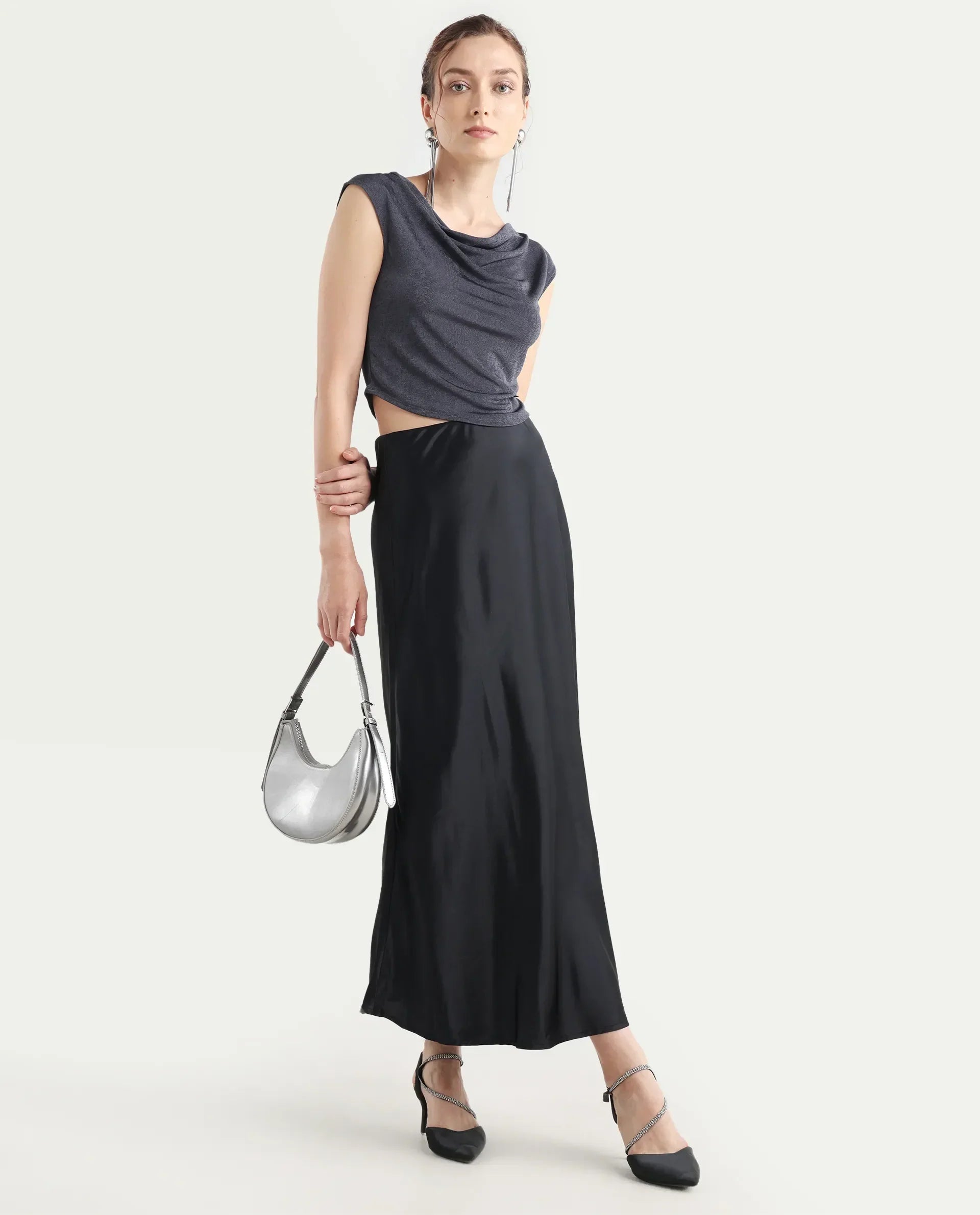 Rareism Women's Derep B Black Satin Plain Ankle Length Straight Fit Skirt