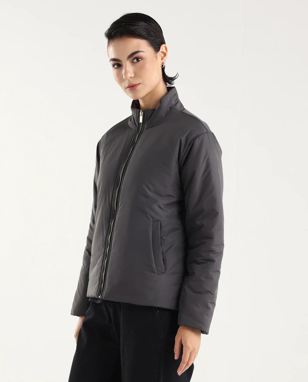 Rareism Women's Derry-W Olive Polyester Crew Neck Jacket Geometric Print Jacket