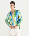 Rareism Women's Dessa Multi Overlap Neck Striped Cuffed Sleeve Regular Fit Top