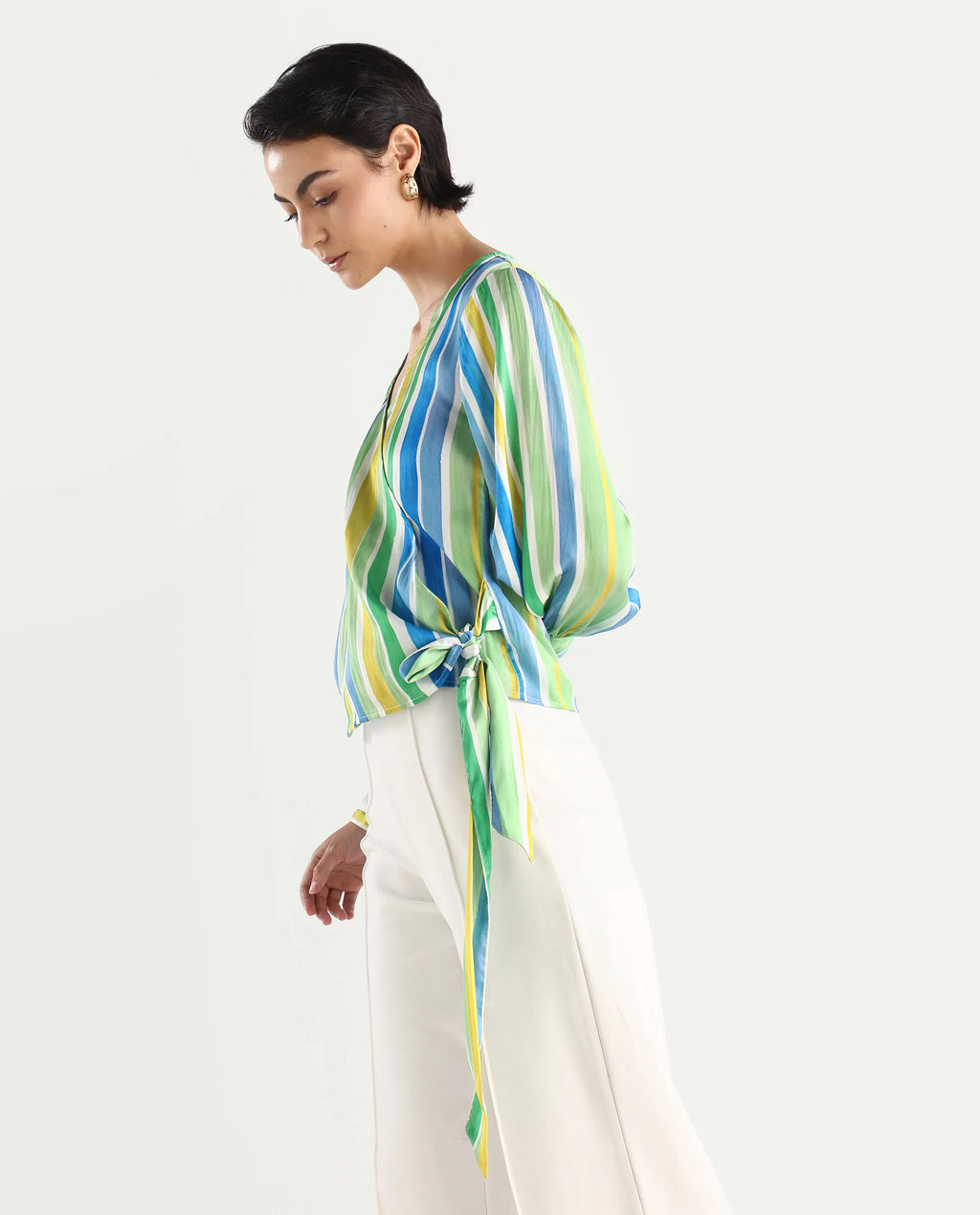Rareism Women's Dessa Multi Overlap Neck Striped Cuffed Sleeve Regular Fit Top