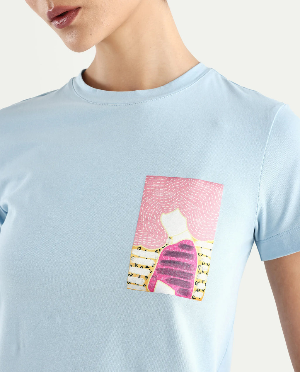 Rareism Women's Detti Light Blue Cotton Blend Crew Neck Graphic Print Regular Fit T-Shirt