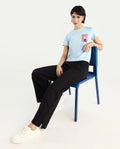 Rareism Women's Detti Light Blue Cotton Blend Crew Neck Graphic Print Regular Fit T-Shirt