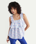 Rareism Women's Dew Purple Linen Collarless Floral Print Sleeveless Regular Fit Top