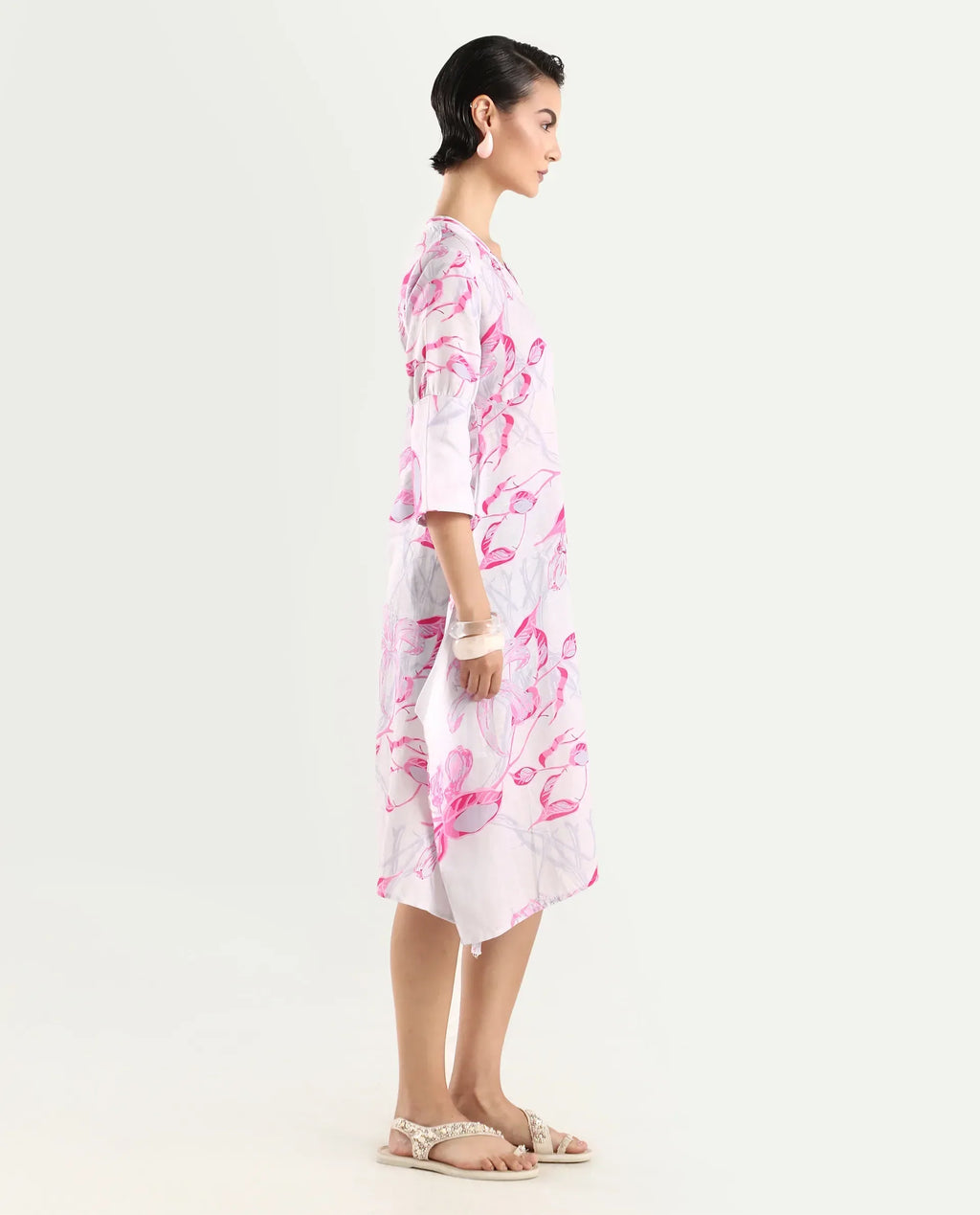 Rareism Women's Dherry Pastel Purple Linen V-Neck Paisley Print Midi Regular Fit Dress