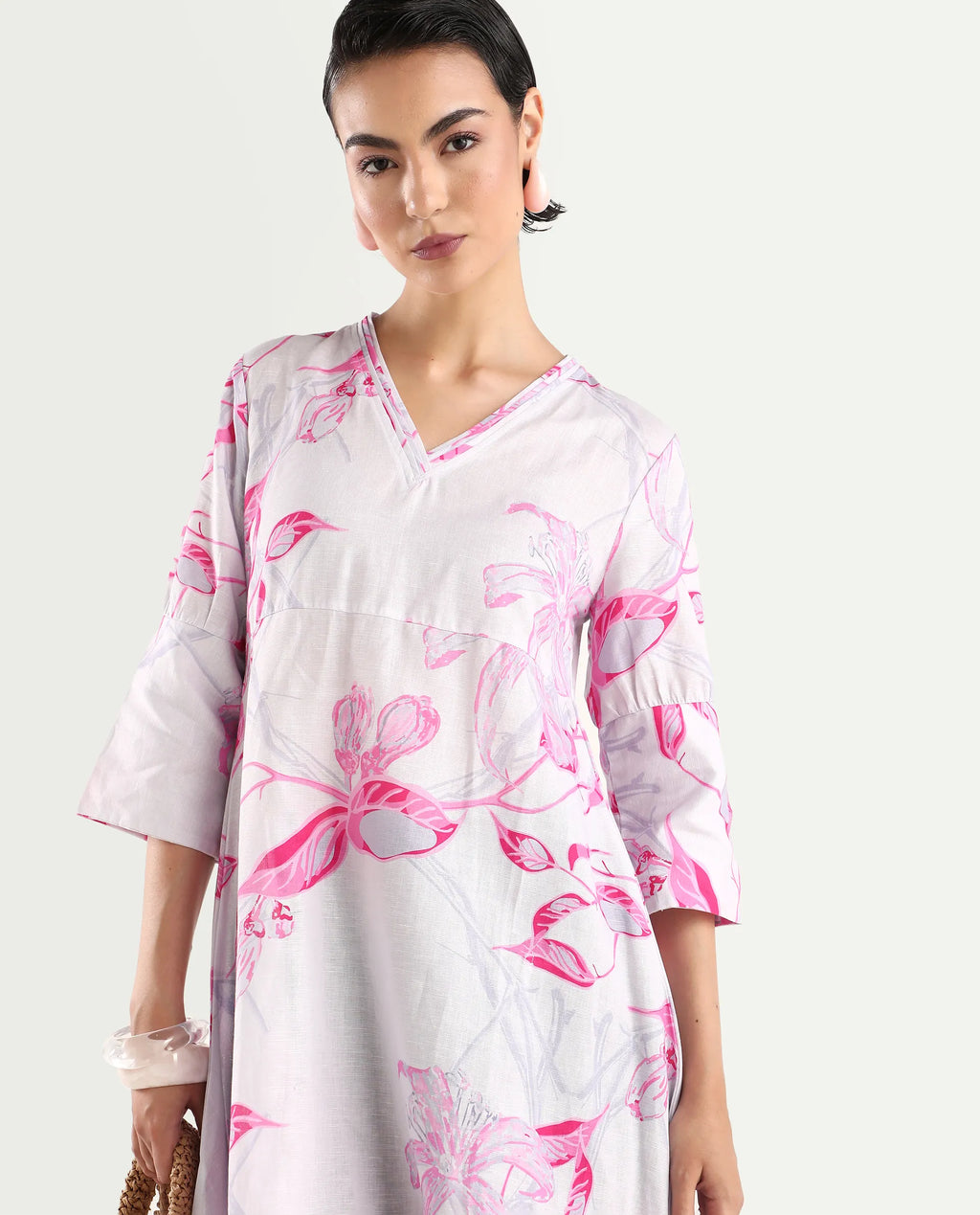 Rareism Women's Dherry Pastel Purple Linen V-Neck Paisley Print Midi Regular Fit Dress