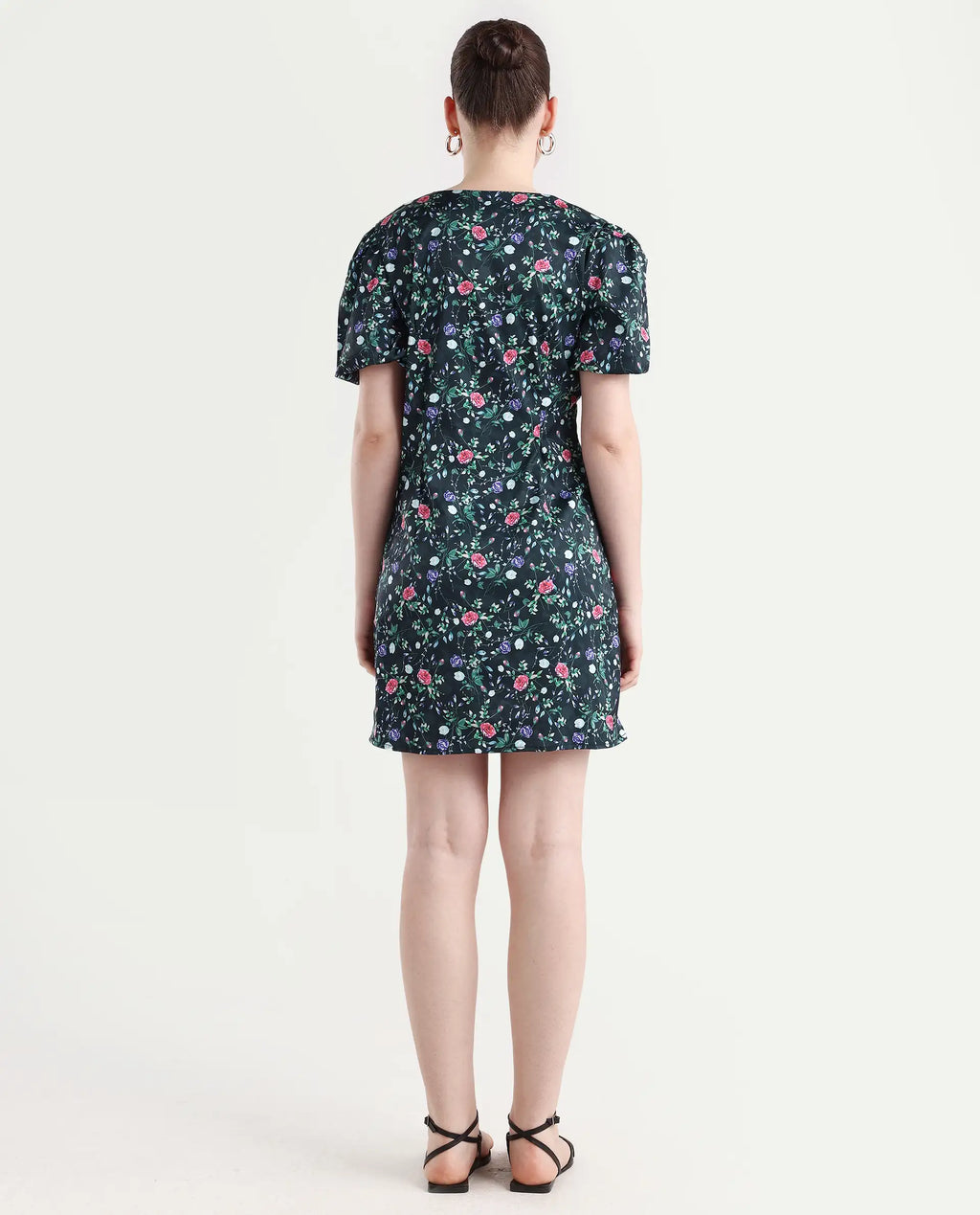 Rareism Women's Diego Navy Modal Blend V-Neck Floral Print Puff Sleeves Midi Slim Fit Dress