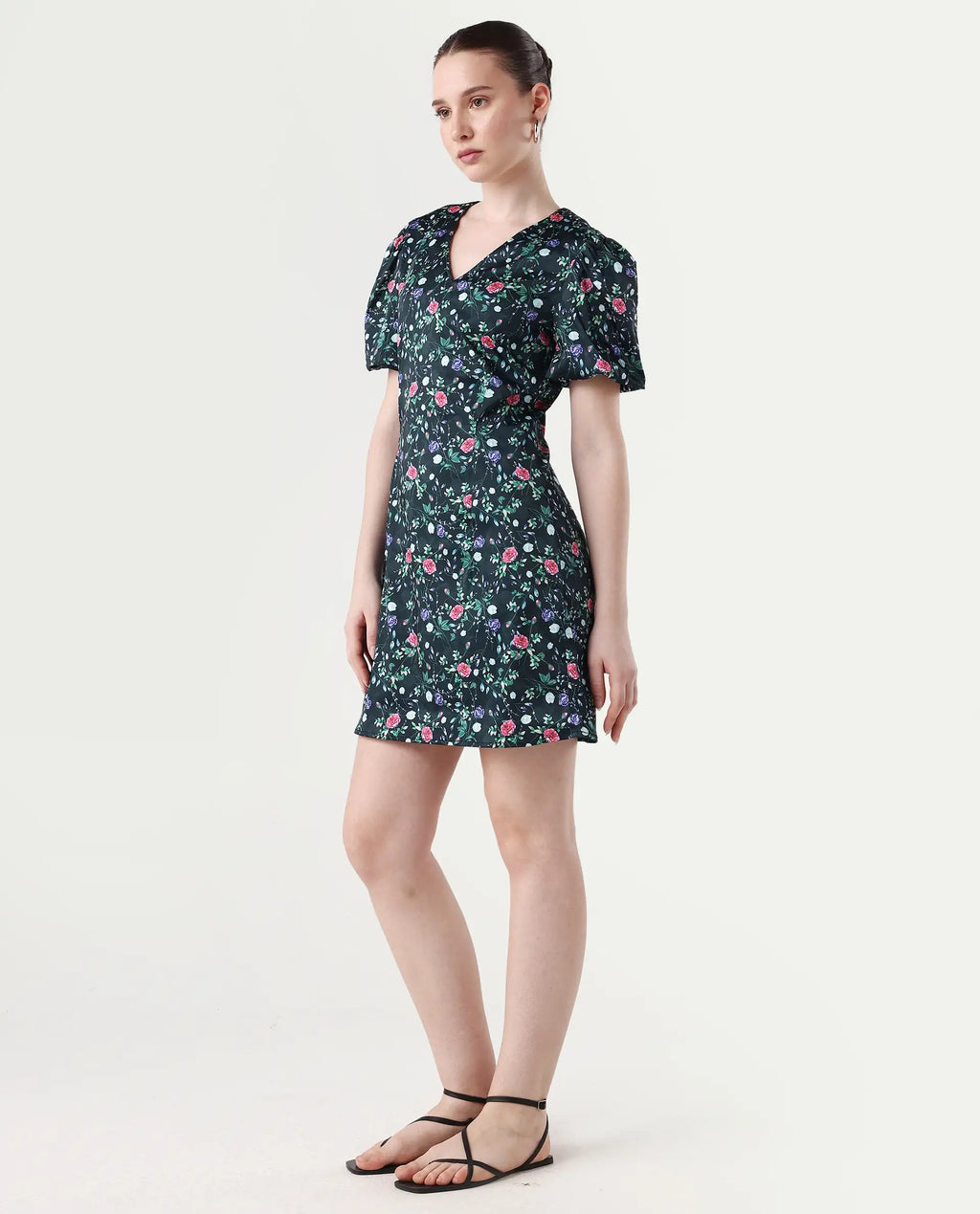 Rareism Women's Diego Navy Modal Blend V-Neck Floral Print Puff Sleeves Midi Slim Fit Dress
