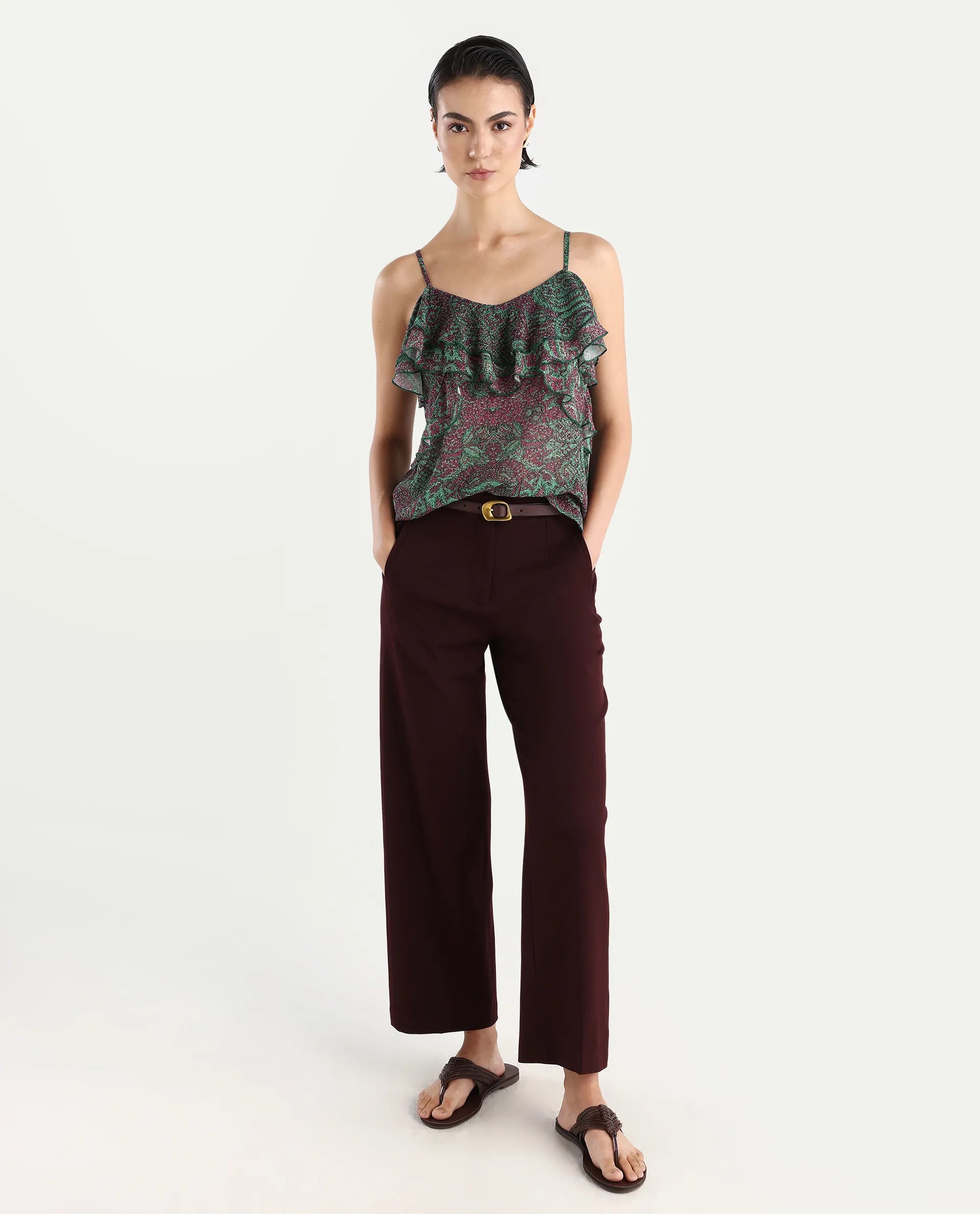 Rareism Women's Difi Dark Maroon Polyester V-Neck Abstract Print Sleeveless Regular Fit Top