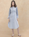 Rareism Women's Drop Collar Striped Raglan Sleeve Midi A-Line Dress