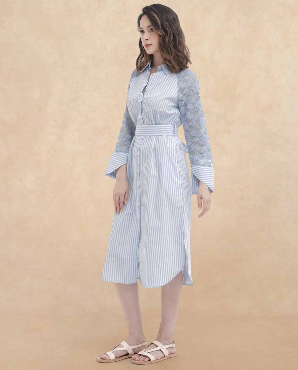 Rareism Women's Drop Collar Striped Raglan Sleeve Midi A-Line Dress