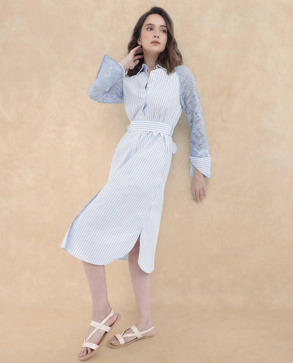 Rareism Women's Drop Collar Striped Raglan Sleeve Midi A-Line Dress