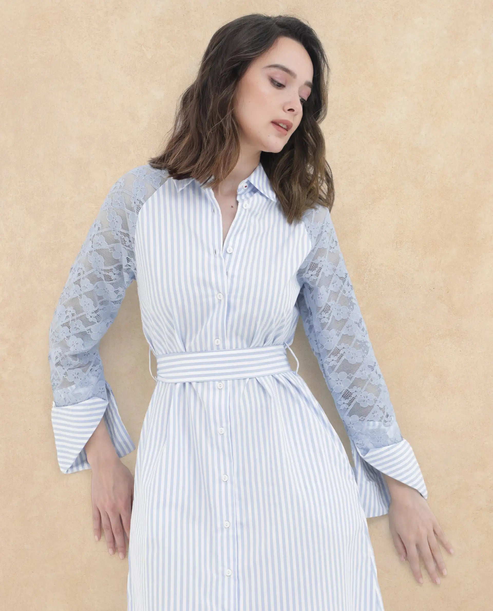 Rareism Women's Drop Collar Striped Raglan Sleeve Midi A-Line Dress