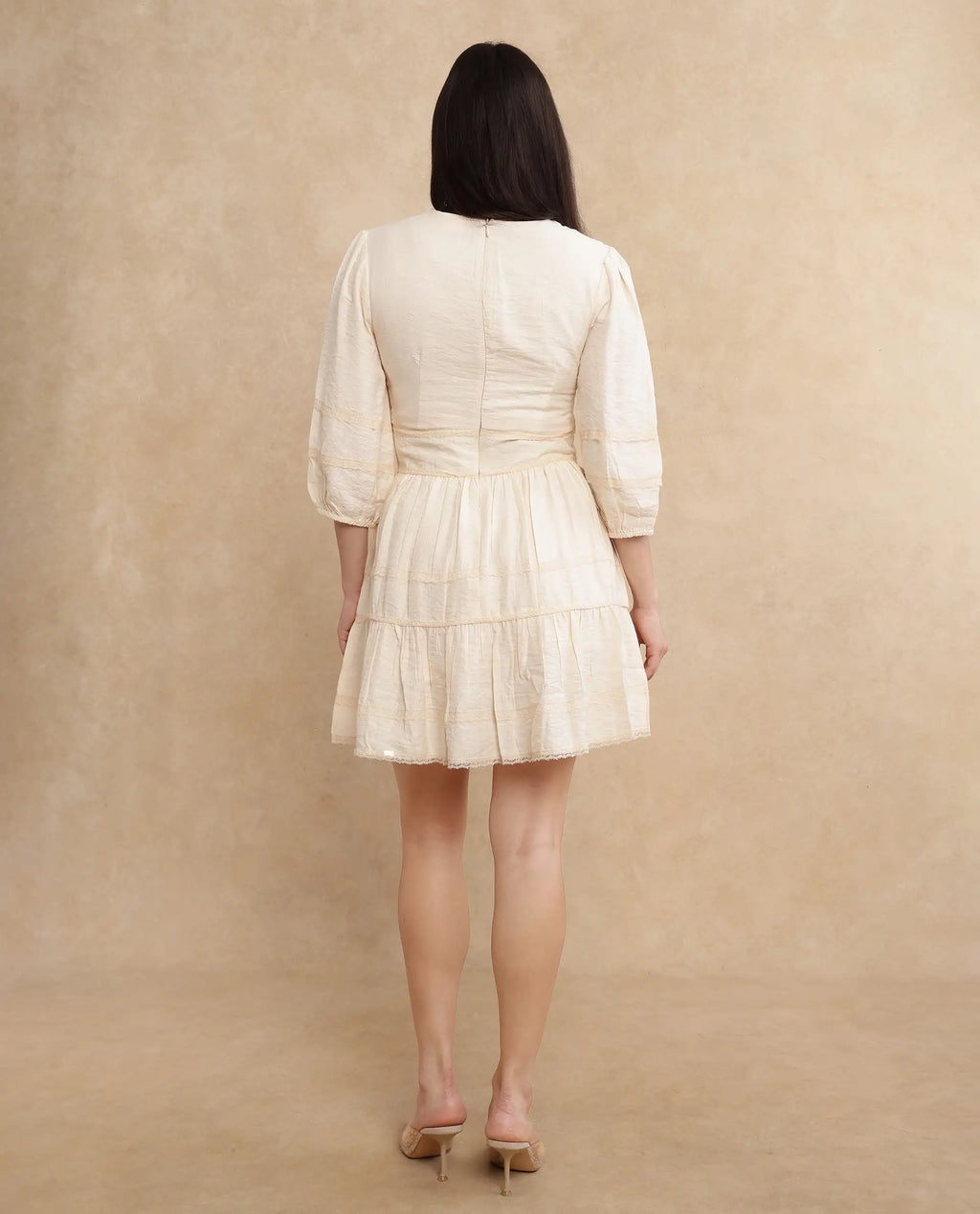 Rareism Women's Dinklage Beige Polyester V-Neck Plain Bishop Sleeve Mini Fit And Flare Dress