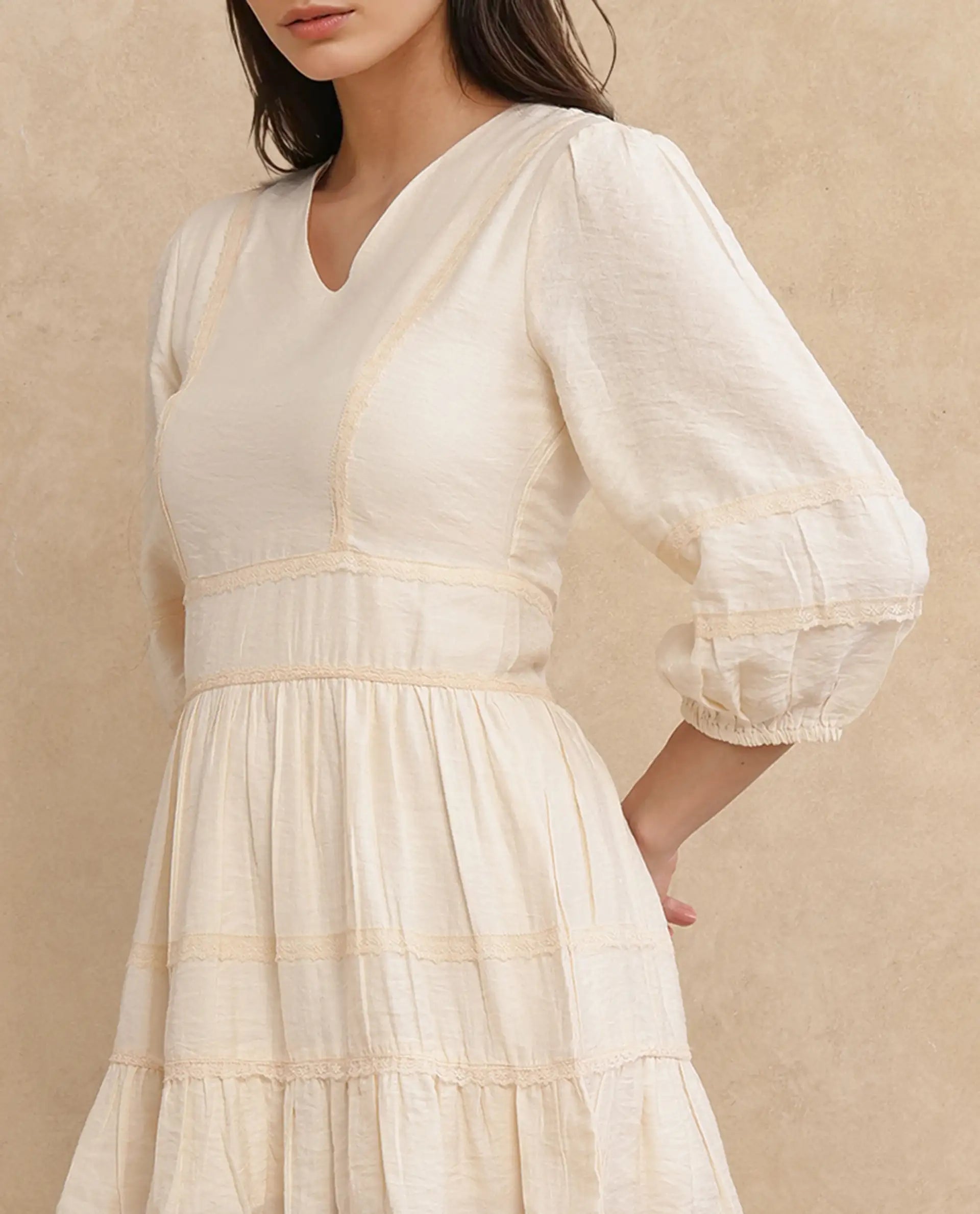 Rareism Women's Dinklage Beige Polyester V-Neck Plain Bishop Sleeve Mini Fit And Flare Dress