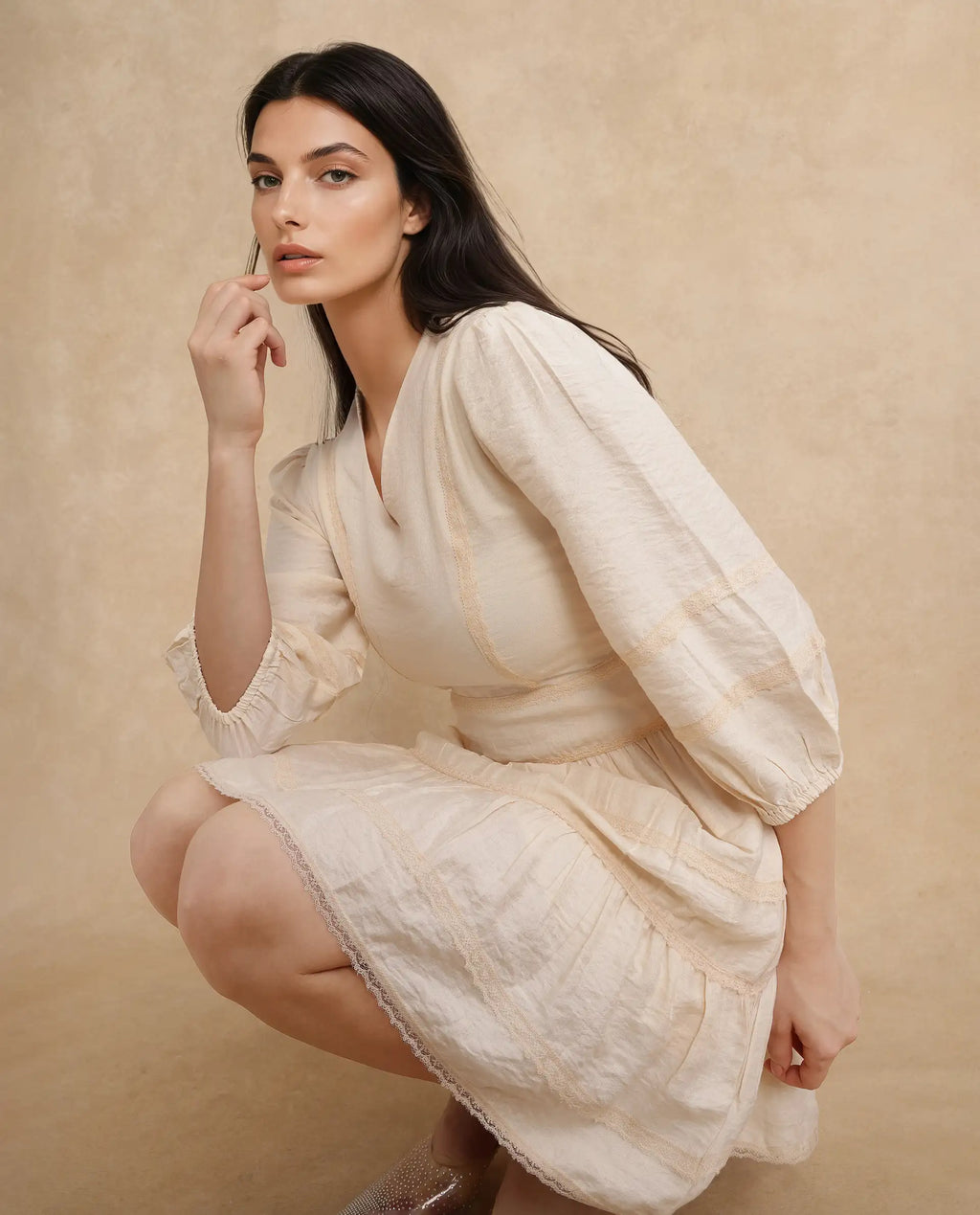 Rareism Women's Dinklage Beige Polyester V-Neck Plain Bishop Sleeve Mini Fit And Flare Dress