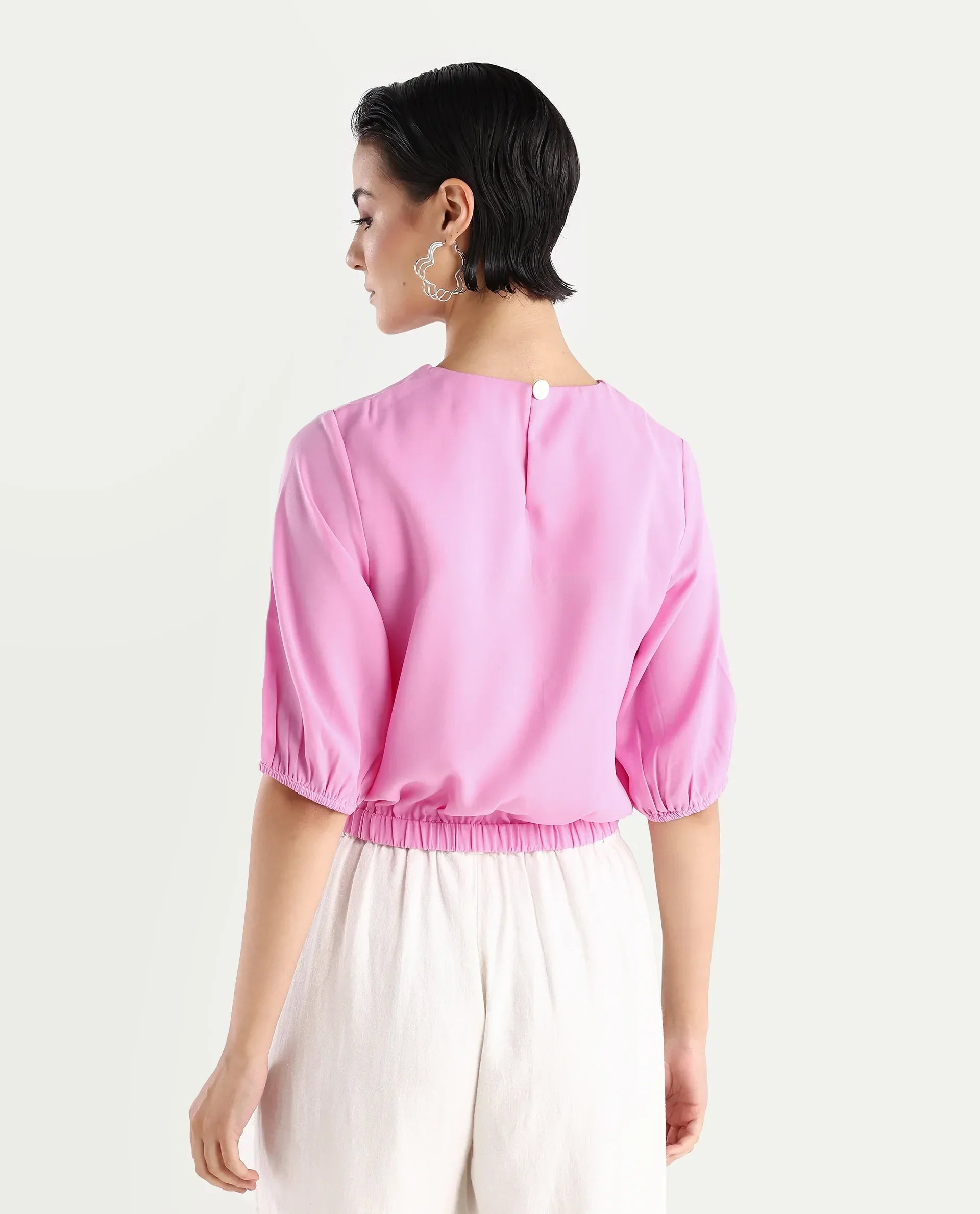 Rareism Women's Dionysus Pink Polyester Blend Crew Neck Plain Crop Regular Fit Top