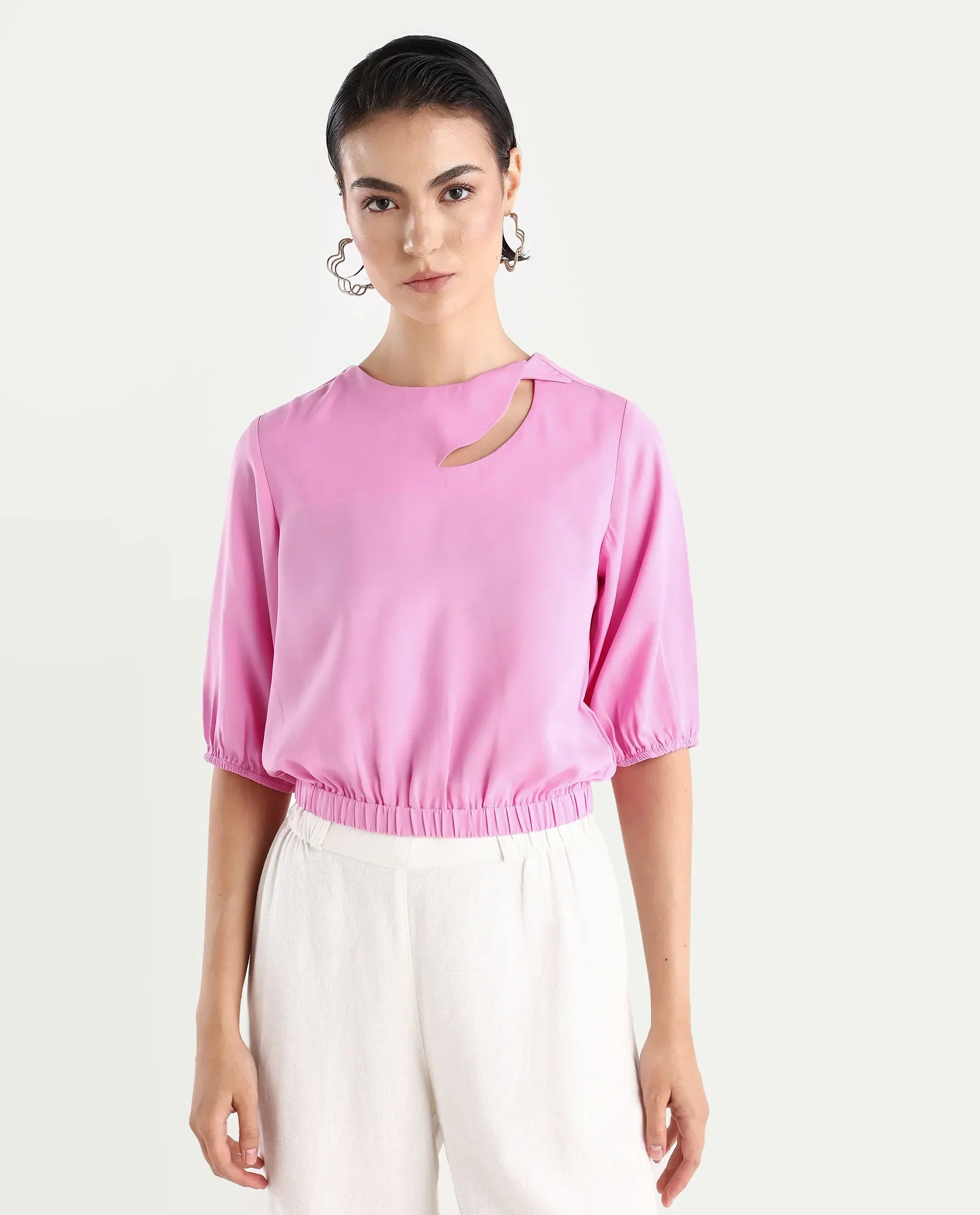 Rareism Women's Dionysus Pink Polyester Blend Crew Neck Plain Crop Regular Fit Top