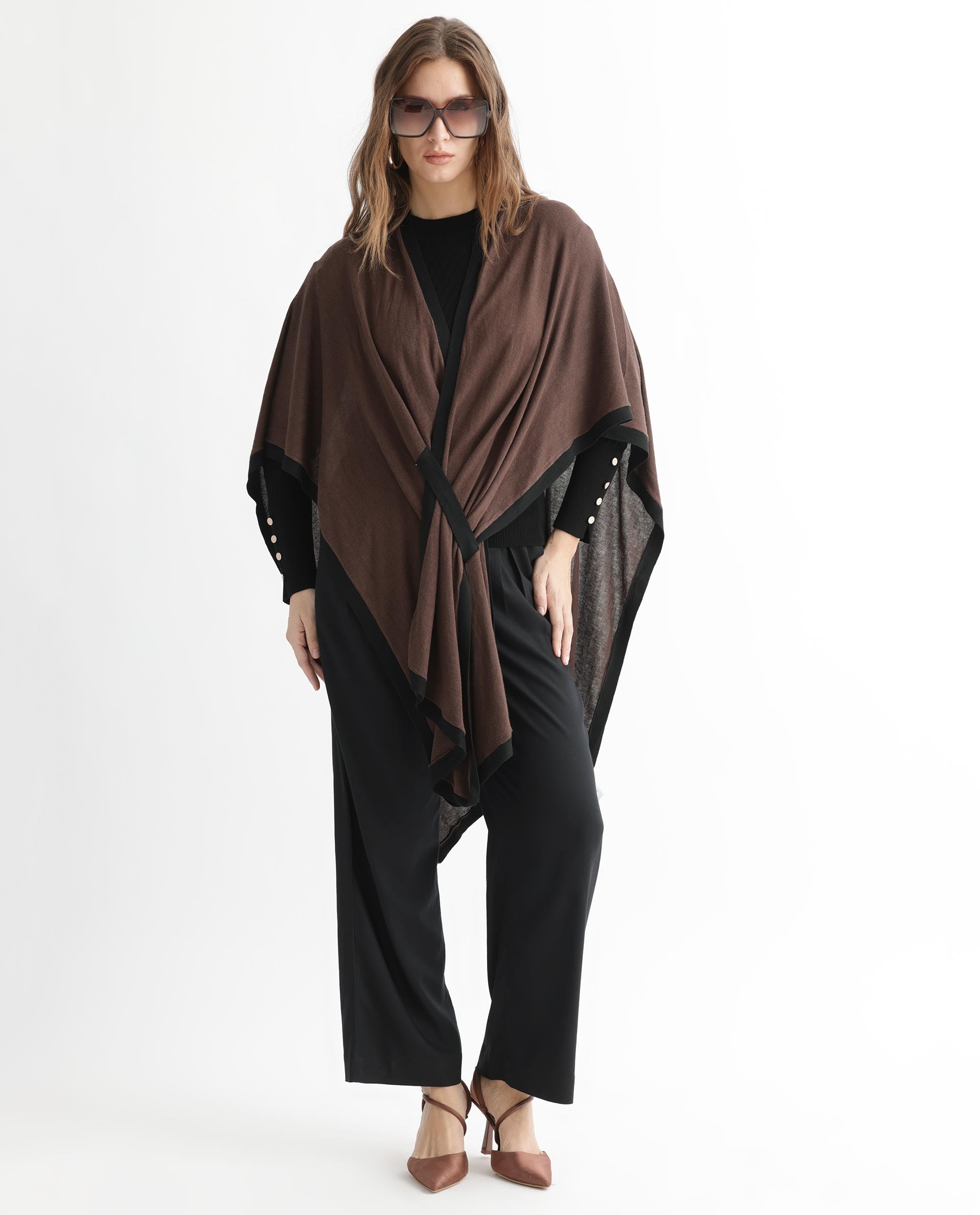 Rareism Women's Display Brown Viscose Collarless Plain Cape Sleeve Relaxed Fit Sweater