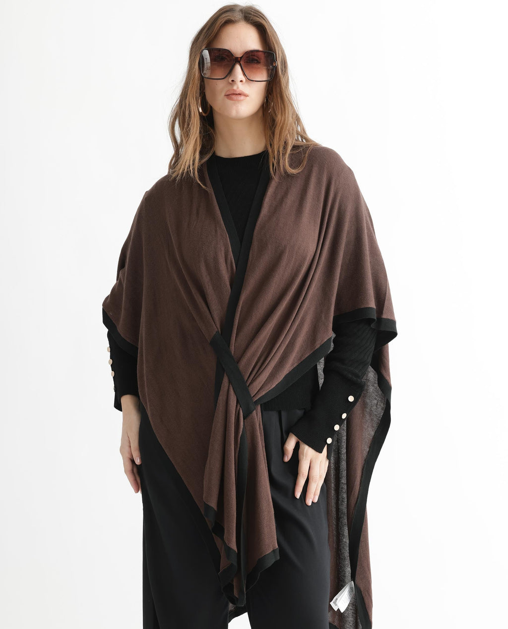 Rareism Women's Display Brown Viscose Collarless Plain Cape Sleeve Relaxed Fit Sweater
