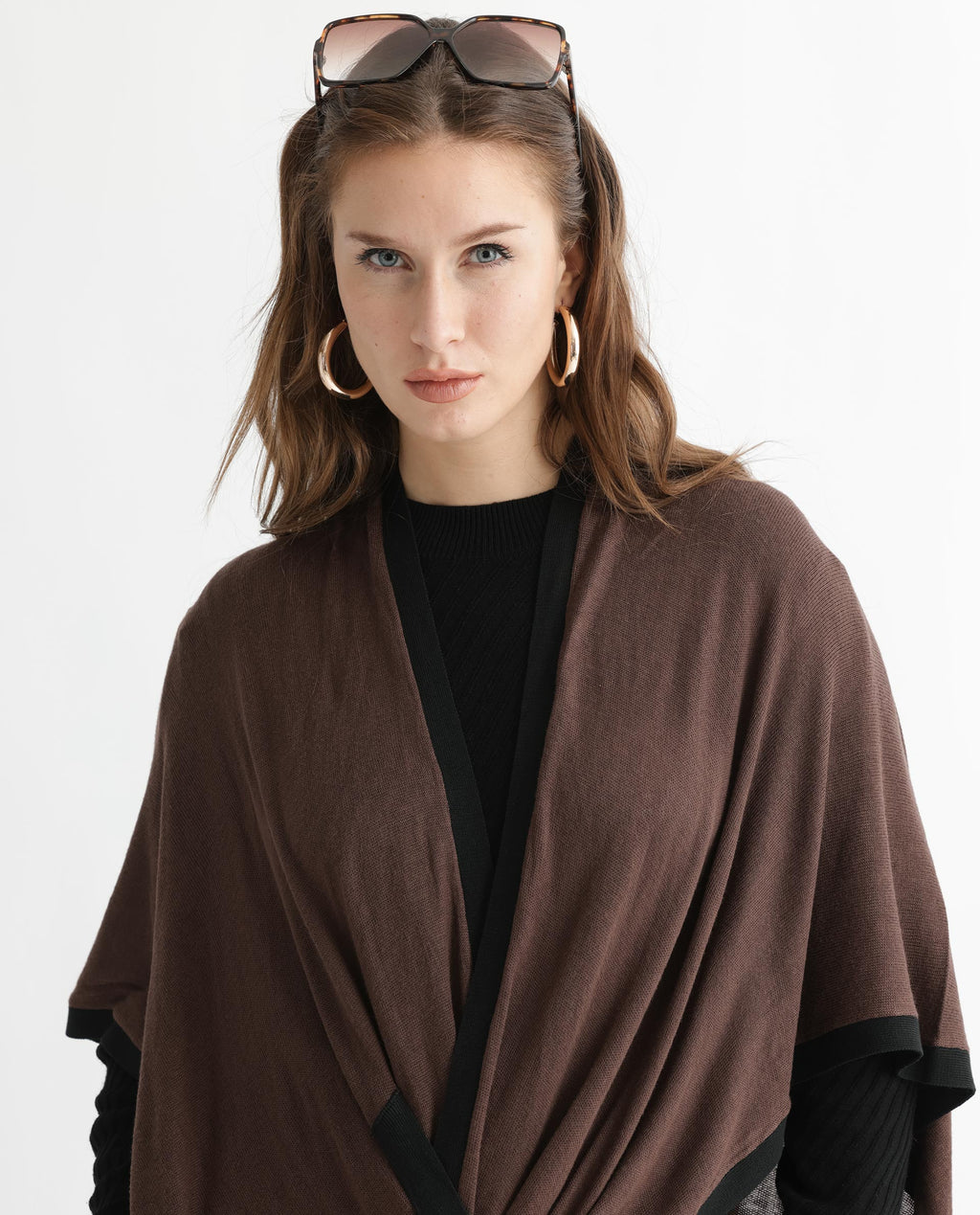 Rareism Women's Display Brown Viscose Collarless Plain Cape Sleeve Relaxed Fit Sweater
