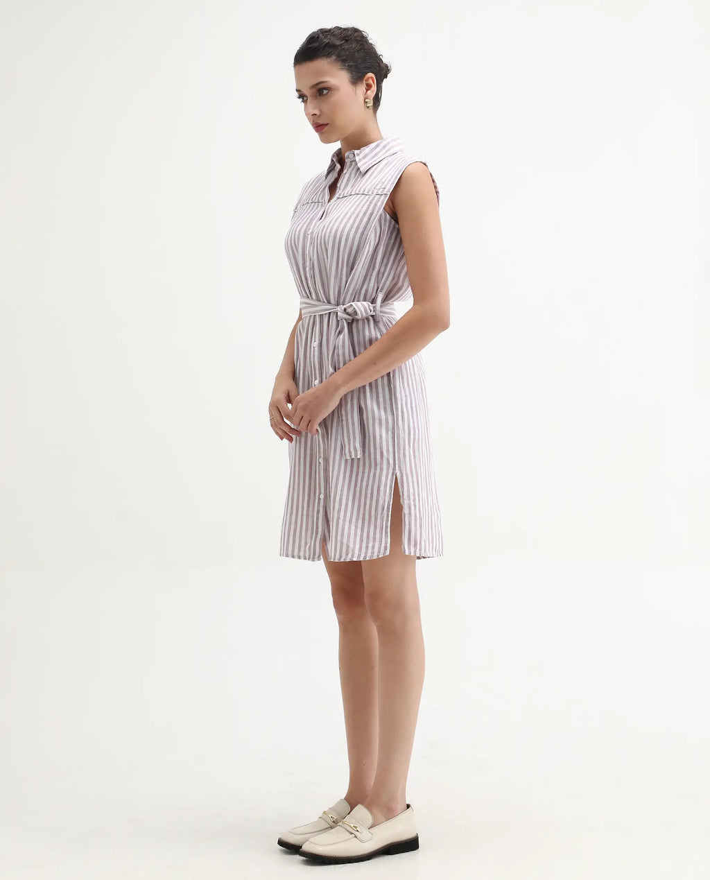 Rareism Women's Divz Purple Linen Spread Collar Striped Sleeveless Knee Length Regular Fit Dress