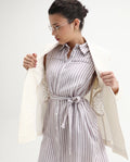 Rareism Women's Divz Purple Linen Spread Collar Striped Sleeveless Knee Length Regular Fit Dress