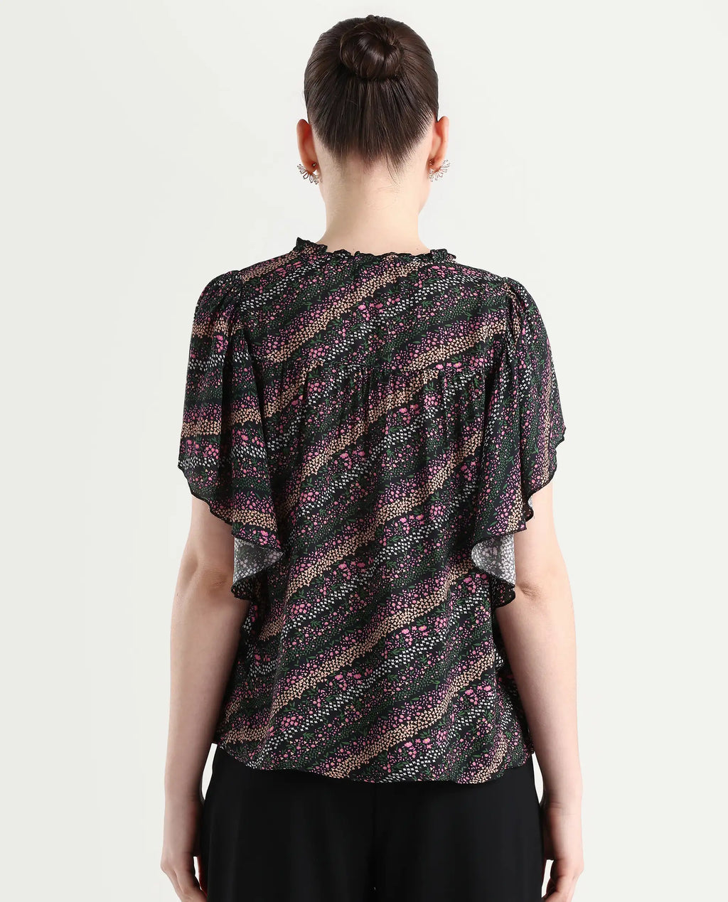 Rareism Women's Doc Black Cotton Blend Tie-Up Neck Floral Print Extended Sleeves Relaxed Fit Top